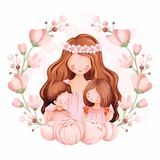 Watercolor Illustration Mother and Kids in flower wreath