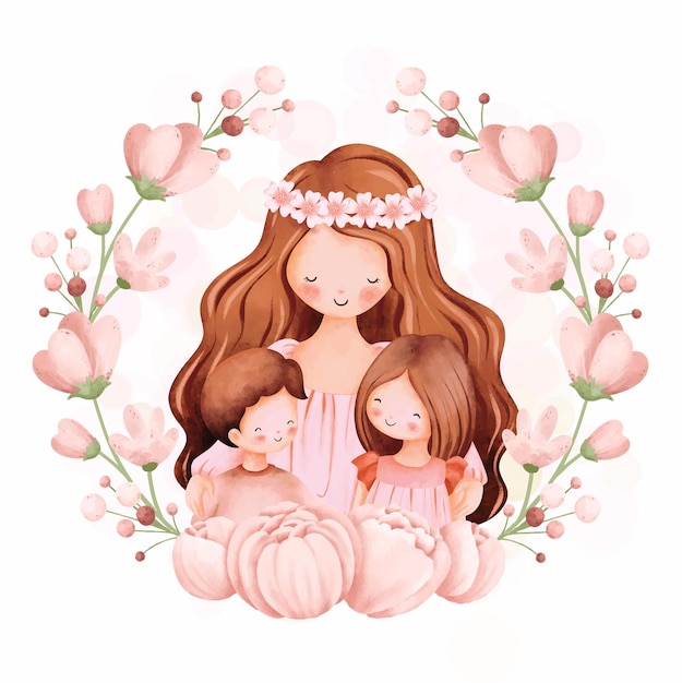 Watercolor illustration mother and kids in flower wreath