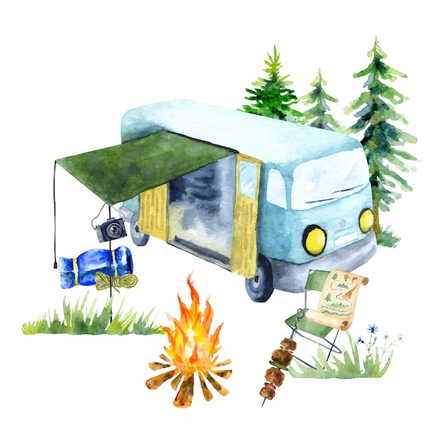 Watercolor illustration of motorhome in nature on a white background