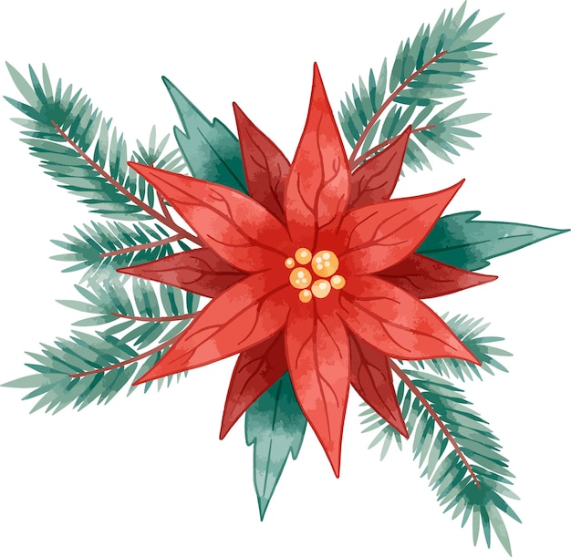 Watercolor illustration new year red flower with fir branches