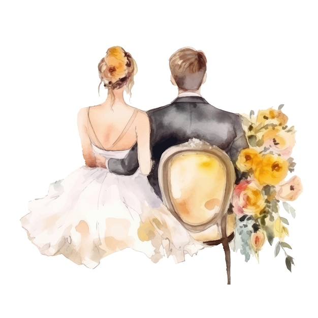 Vector watercolor illustration of newlyweds bride and groom sitting at the wedding ceremony back view