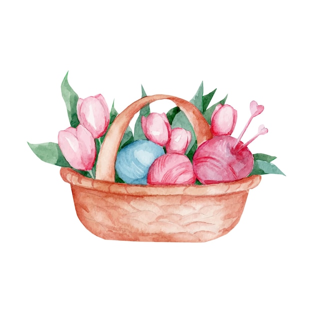 Акварельная иллюстрация корзины с тюльпанами и клубками вязальной нити