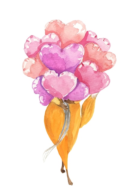 Акварельная иллюстрация лисы с кучей воздушных шаров в руках