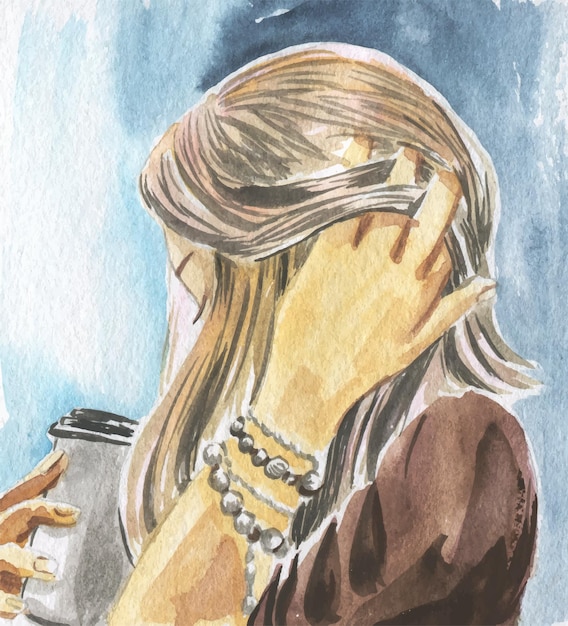 Акварельная иллюстрация девушки с кофе в руках