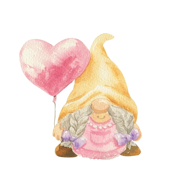 Акварельная иллюстрация девушки-гнома с воздушным шаром в руке в виде сердца