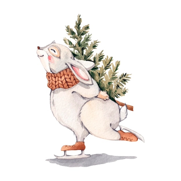 スケート靴でクリスマス ツリーとウサギの水彩イラスト