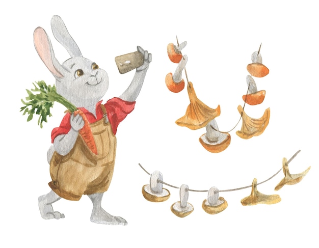 Акварельная иллюстрация кролика в одежде с морковкой в руке делает селфи, гирлянды