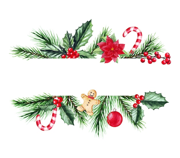 モミの枝とクリスマスフレームの水彩イラスト。メリークリスマス、そしてハッピーニューイヤー。