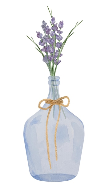 밧줄 꼬기와 파란색 유리 꽃병에 마른 라벤더 팜파스의 수채화 그림