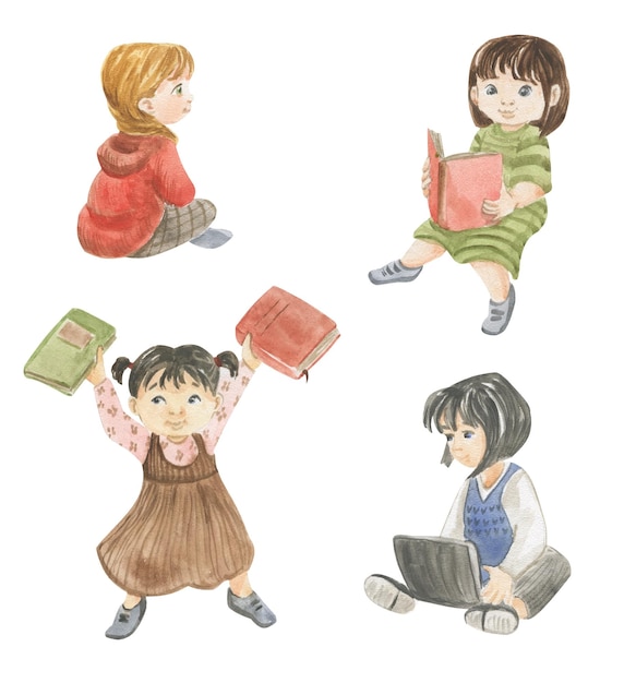 ベクトル 本を読んでいる女の子の水彩イラスト