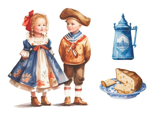 Вектор Акварельная иллюстрация двух детей в традиционной голландской одежде делфтская голубая тарелка с сыром