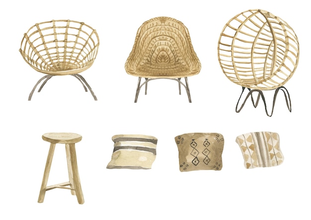 Акварельные иллюстрации плетеных стульев и подушек в стиле бохо