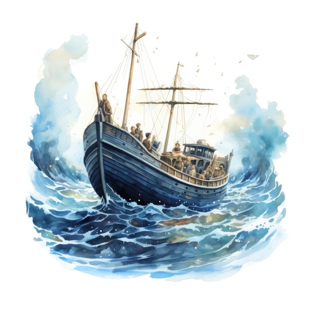 Watercolor illustration of an old pirate ship in the sea with smoke