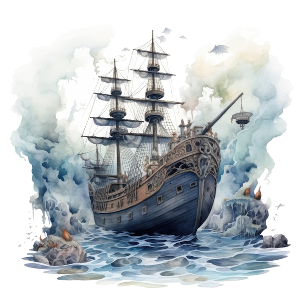 Watercolor illustration of an old pirate ship in the sea with smoke