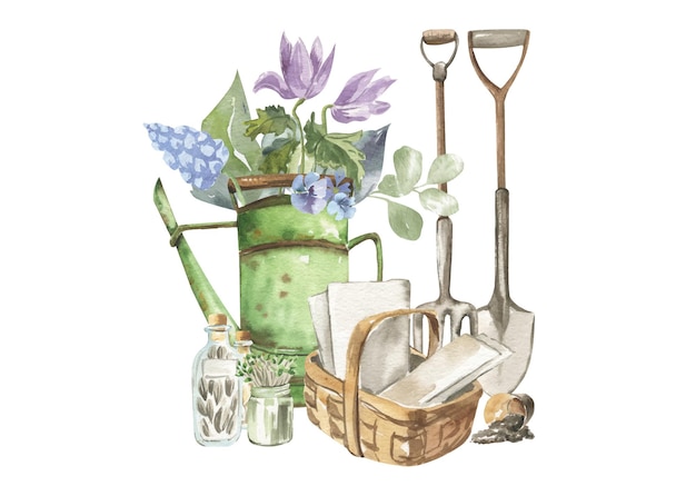 Watercolor illustration of an old watering can with flowers garden shovel and pitchfork basket wit
