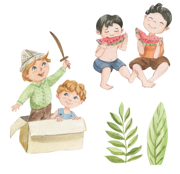 Акварельная иллюстрация пары мальчиков, играющих в пиратов и поедающих арбуз