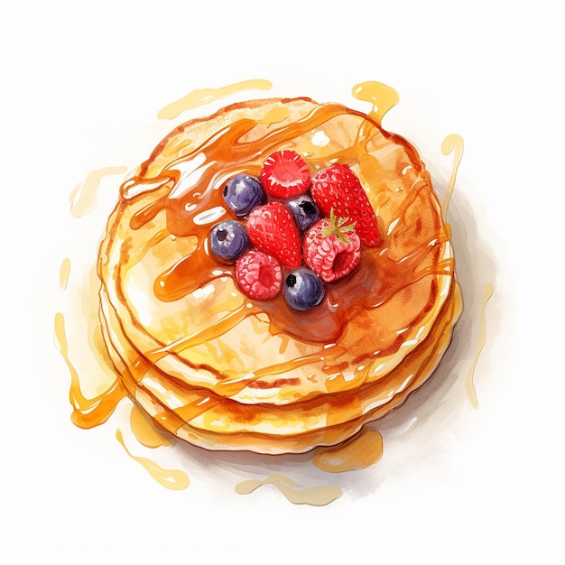 Watercolor illustration of pancake with barries at white background