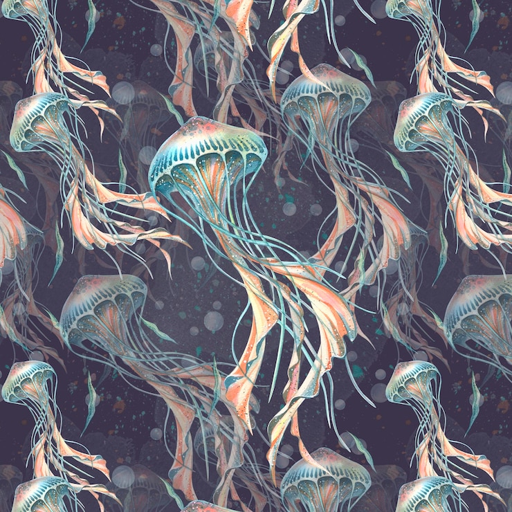 Vector watercolor illustration pattern starfish shells corals jellyfish seahorse water sea ocean simple