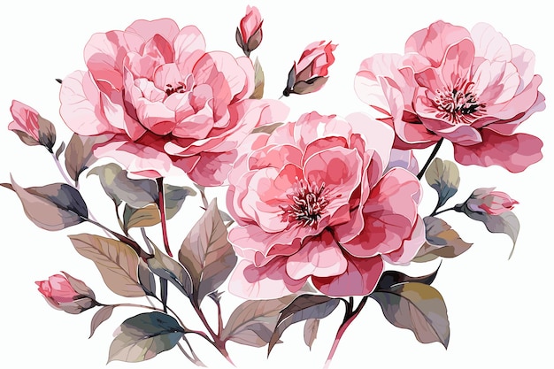 Vector watercolor illustration of a peony botanical flower on an isolated white background