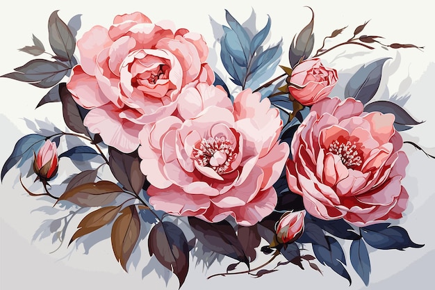 Vector watercolor illustration of a peony botanical flower on an isolated white background