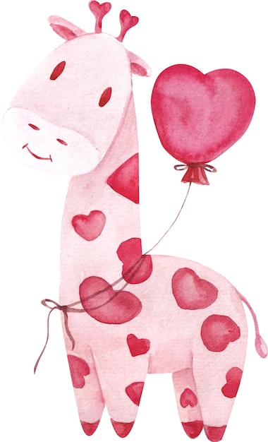Акварельная иллюстрация розового жирафа с мячом на белом фоне