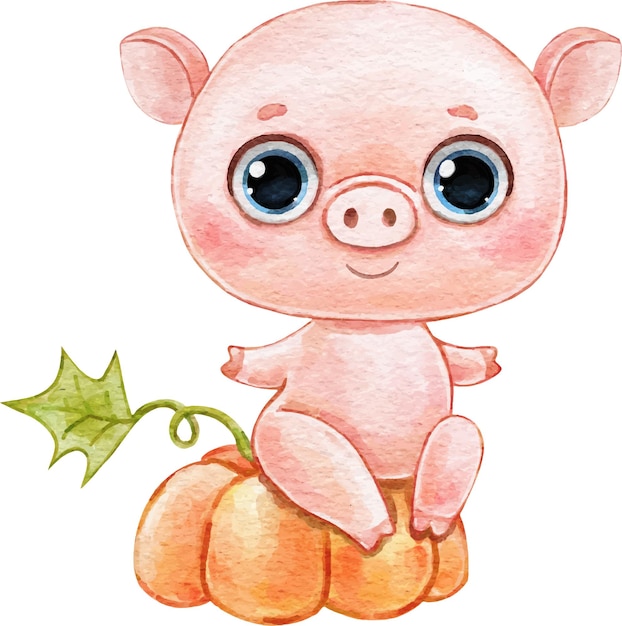 Vector watercolor illustration of a pink pig sitting on a pumpkin