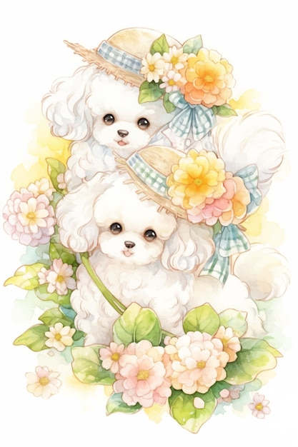 Vector a watercolor illustration of puppies in a basket with flowers.