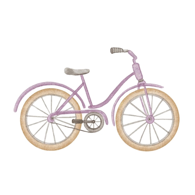 Watercolor illustration of a purple bicycle on a white background.