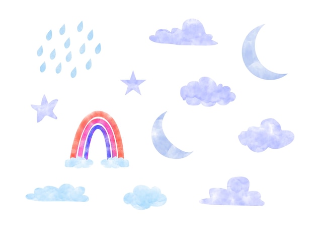 A watercolor illustration of a rainbow, moon, and clouds.