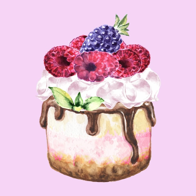 Vector watercolor illustration of raspberry cake