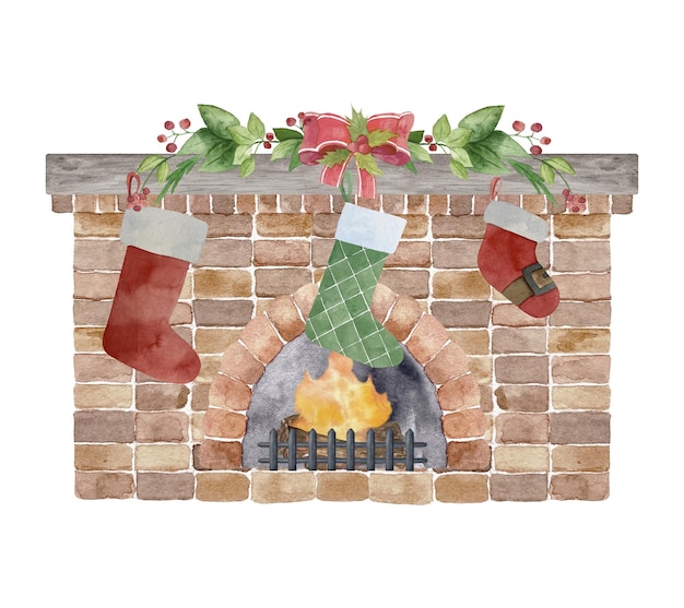 Watercolor illustration of red brick classic fireplace with christmas decor tree candle gifts wreath