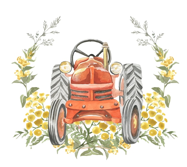 Vector watercolor illustration of a red tractor framed by a wreath of yellow flowers