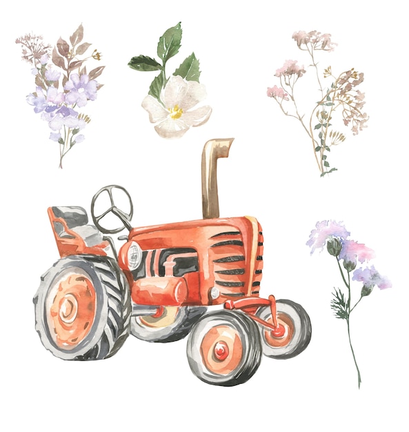 Акварельная иллюстрация красного трактора с букетами полевых цветов