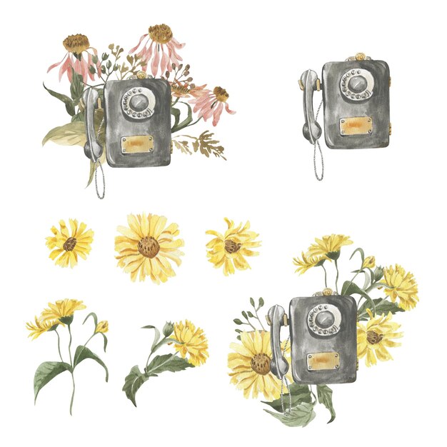 Watercolor illustration of retro phone with flowers