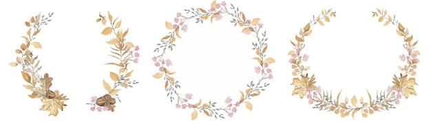 Watercolor illustration of a round frame made of dried flowers and leaves