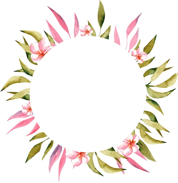 Watercolor illustration Round frame with pink and green branches on a white background