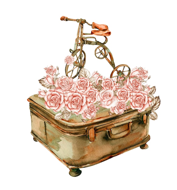 Акварельная иллюстрация ржавого элемента с розами. Старый ржавый элемент эмали.