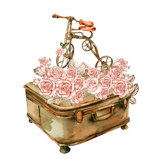 Watercolor illustration of rusty element with roses. An old rusty enamel element.