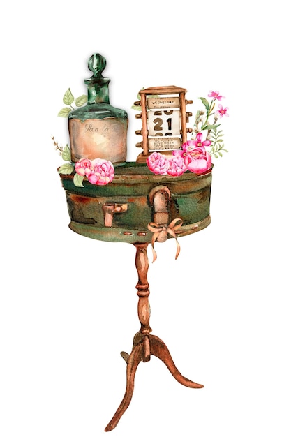 Watercolor illustration of rusty element with roses. An old rusty enamel element.