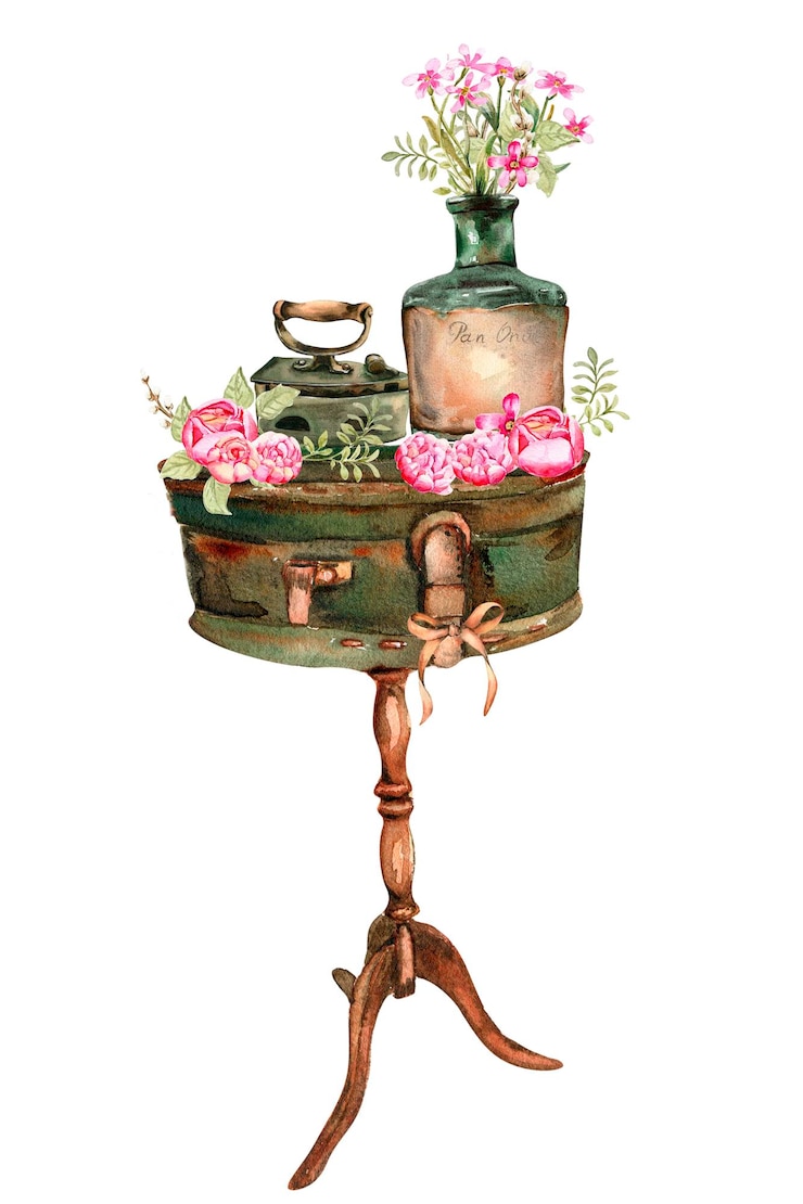 Vector watercolor illustration of rusty element with roses. an old rusty enamel element.