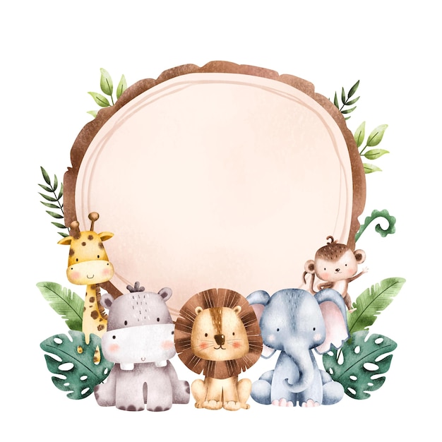 Watercolor Illustration Safari Animal Frame template