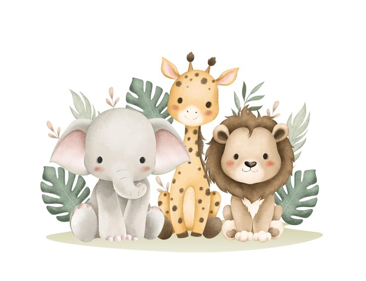 Vector watercolor illustration safari animals and tropical leaves