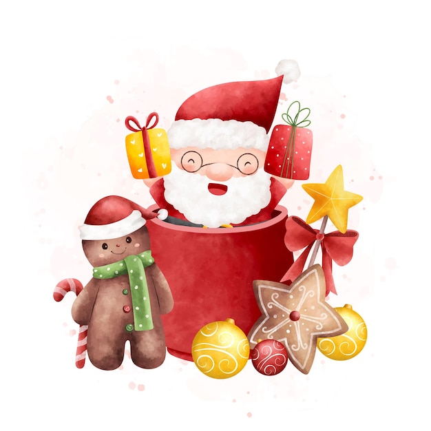 Watercolor Illustration Santa Claus in cup with Christmas ornaments