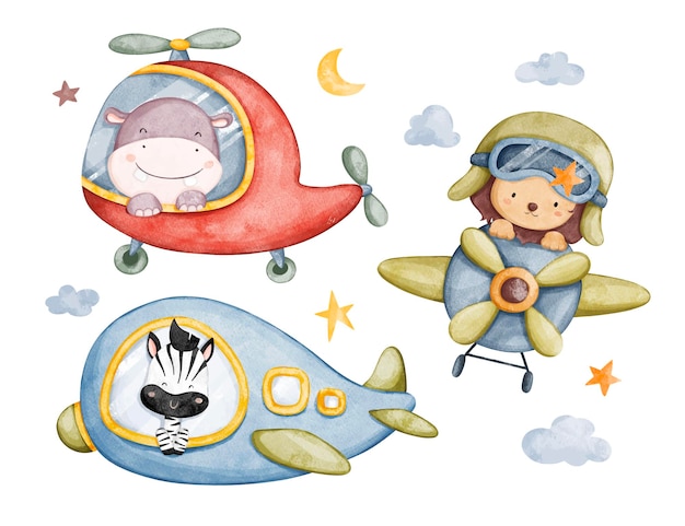 Watercolor illustration set of air transportation with safari animals star and moon elements