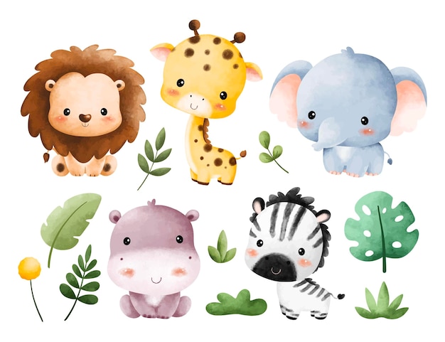 幼いサファリ動物と熱帯の葉の水彩画セット