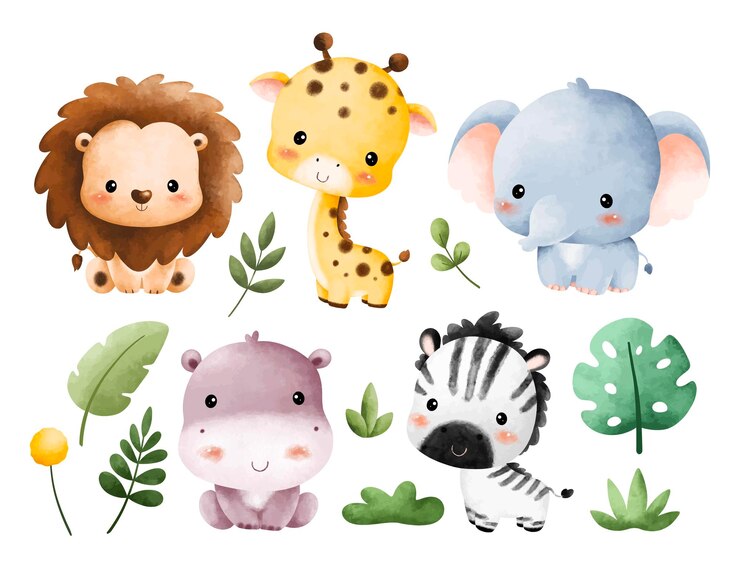 Vector 幼いサファリ動物と熱帯の葉の水彩画セット