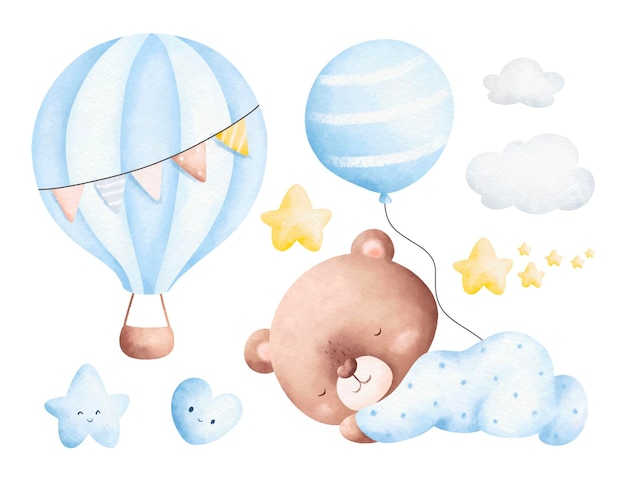 Watercolor illustration set of baby teddy bear and nursery elements