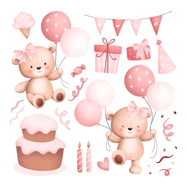 Watercolor illustration set of baby teddy bears and cute elements