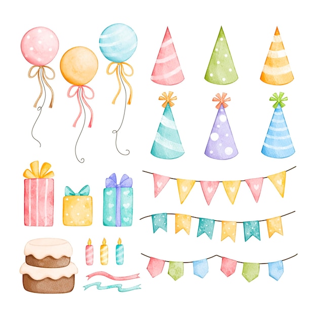 Vector watercolor illustration set of birthday party elements