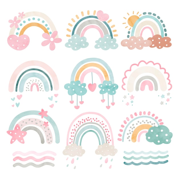 Watercolor Illustration set of boho rainbow in pastel color